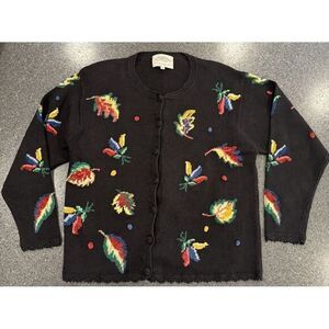 Vintage Susan Bristol‎ Black Colorful Leaves Cardigan Large Grandma Cottagecore